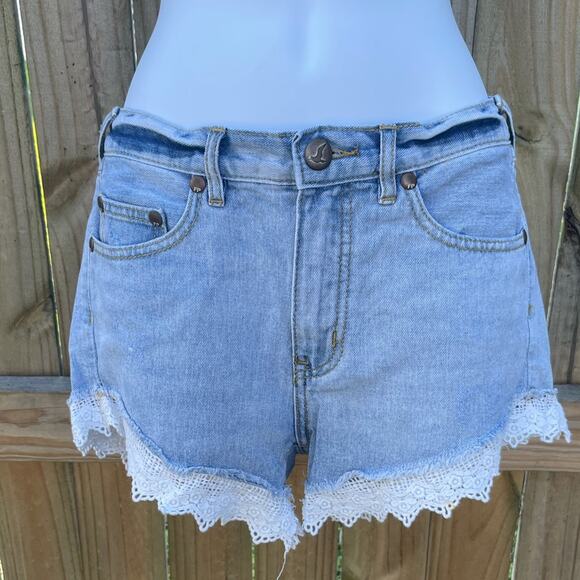 Free People light blue denim distressed lace trim high waist shorts - Picture 1 of 6